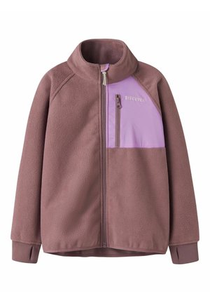 Sanfte mauvefarbene Fleecejacke mit durchgehendem Reißverschluss vorne, hohem Kragen, Daumenschlaufen an den Bündchen und einer hellvioletten Reißverschlusstasche auf der Brust mit der Aufschrift "DISCOVER".