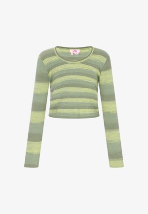 Haut court en maille côtelée à manches longues rayé vert et jaune clair avec encolure ronde, taille XS/S.