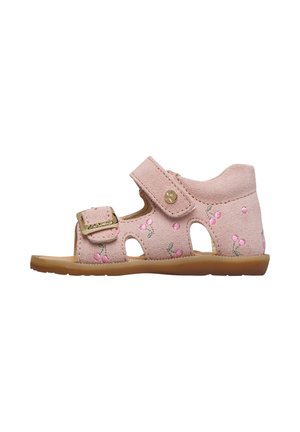 Sandalo rosa per bambino con ricamo floreale, punta e tallone aperti, fibbia regolabile e cinturini in velcro, e suola flessibile in gomma.