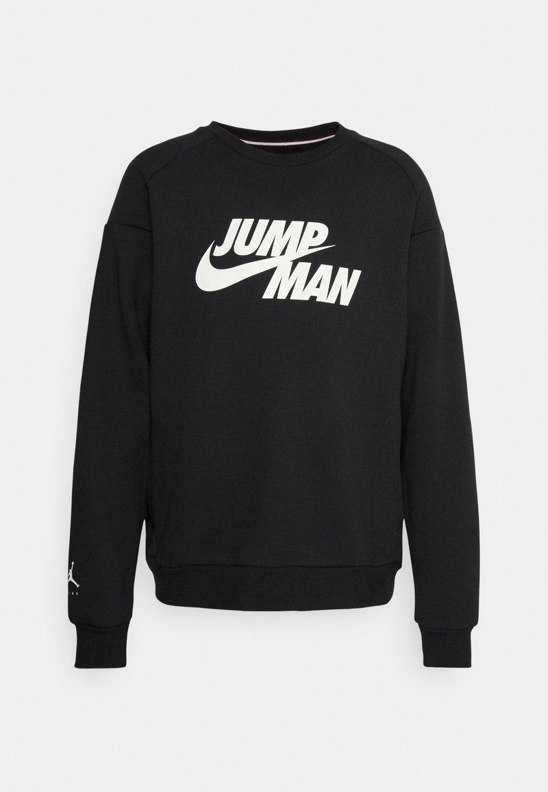 Felpa nera a manica lunga con la scritta bianca "JUMPMAN" e il logo Nike swoosh sul petto, piccolo logo Jumpman sul polsino sinistro.
