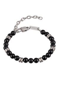 Pulsera con cuentas negras alternas y anillos de plata, cierre de cadena de plata y una etiqueta grabada con "BREIL."