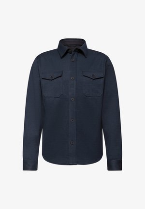 Navy button-up shirt made of textured fabric, featuring long sleeves, two chest pockets, and a classic collar with a straight cut.
