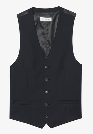 Zwarte vest met V-hals, zes knopen aan de voorkant, twee zijzakken en een gladde binnenvoering. Materiaal heeft een gestructureerde afwerking.