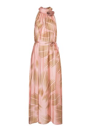 Mouwloze roze maxi-jurk met beige abstracte bladpatronen, hoge halslijn, stoffen roosdetail en een ceintuur om de taille.