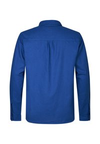 Modrá košile s dlouhým ruk ávem z bavlněné tkaniny. Obsahuje límec s knoflíky, zádový šev a knoflíkové manžety. Jednoduchý design bez vzorů nebo akcentů.