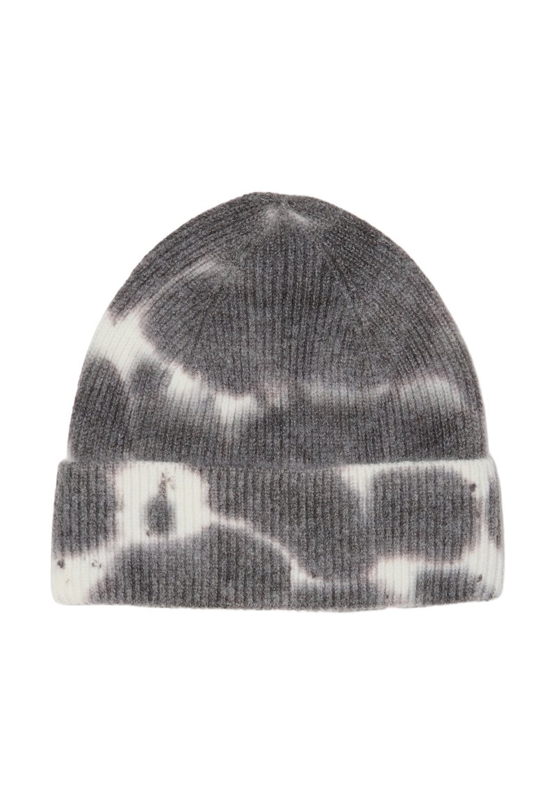 Gorro de punto gris con patrón de tie-dye blanco, textura acanalada y puño doblado. Material suave, diseño de parte superior redondeada, adecuado para uso casual.