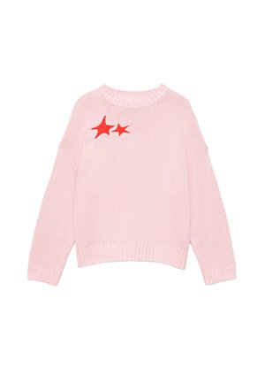 Pull en tricot rose clair avec col, poignets et base côtelés, avec deux appliques en forme d'étoile orange sur la poitrine gauche.