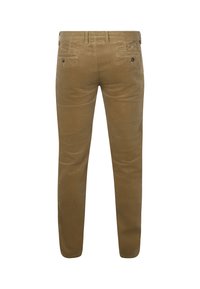 Bruine corduroy broek met riemlussen en twee achterzakken met knoop, van achteren getoond tegen een witte achtergrond.