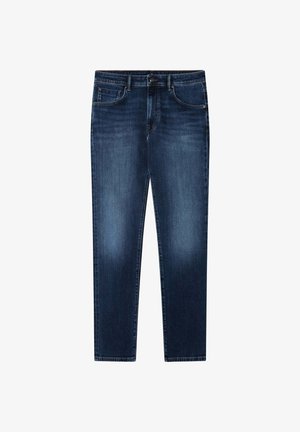 Donkere blauwe skinny jeans met een knoop- en ritssluiting, vijf zakken en subtiele vervaging op de voorkant van de dijen.
