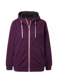 Purple zip-up hoodie with a pink zipper, adjustable drawstrings, and front pockets. Made of soft, flexible material with a textured finish.