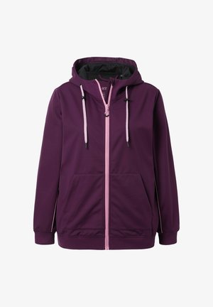 Paarse hoodie met ritssluiting, een roze rits, verstelbare trekkoorden en voorzakken. Gemaakt van zacht, flexibel materiaal met een textuurafwerking.