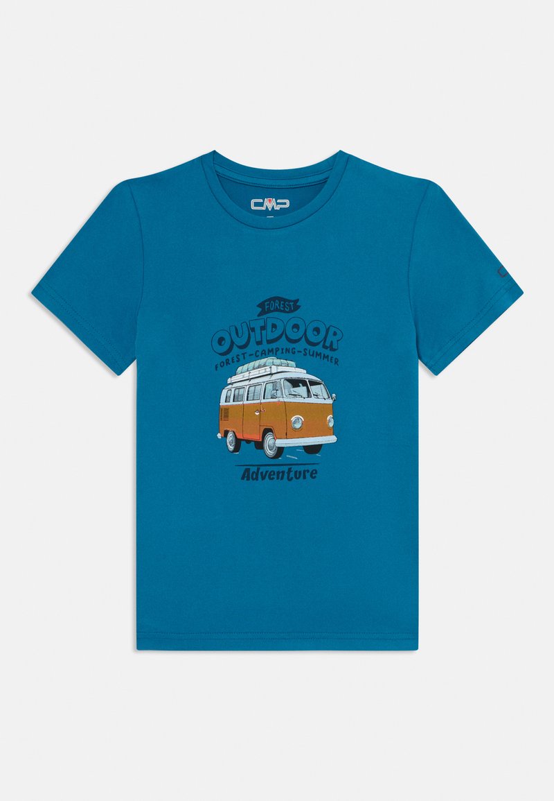 Blå bomulds-t-shirt med et orange vintage varevognsgraphic og teksten "FOREST OUTDOOR ADVENTURE" i sort og grå, afslappet pasform.