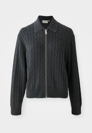 Gilet zippé gris foncé avec un motif en maille torsadée, un col et des poignets et un ourlet côtelés. Il dispose d'une fermeture éclair argentée.