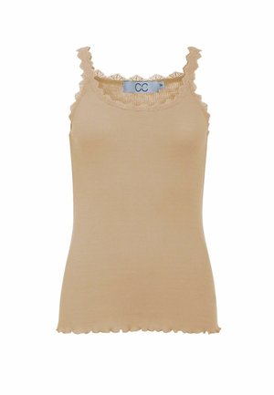Beige ribgebreide tanktop met geschulpte randen en kanten afwerking aan de bandjes en halslijn, maat 36 vermeld op het binnenlabel.