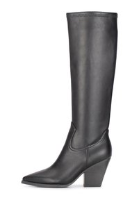 Botas de cuero negras hasta la rodilla con punta afilada y un tacón texturizado, que presentan un acabado suave y un sutil detalle de costura en la parte superior.