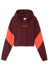 Vínově červená zkrácená mikina s kapucí a přední kapsou typu kangaroo. Obsahuje oranžové šikmé akcenty na rukávech a logo 'VANS' ve shodné vínově červené barvě. Měkký materiál.
