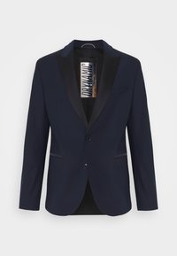 Navy blue blazer with a satin black lapel, two buttons, and front pockets. Fabric is smooth, with a tailored fit and minimal detailing.