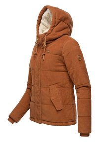 Veste en velours côtelé brun avec un design matelassé, doublure en fausse fourrure, capuche et deux poches à l'avant. Elle possède des cordons de serrage réglables et des poignets côtelés.