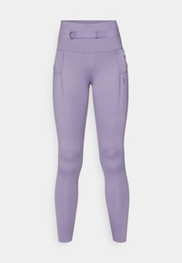 Leggings violets taille haute en matière lisse et extensible avec une taille ceinturée, des poches latérales et des détails de couture subtils.