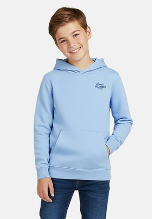 Lichtblauwe hoodie van zacht materiaal, met een voorkantzak, een capuchon en een klein bedrukt logo op de borst. Gecombineerd met een jeans.