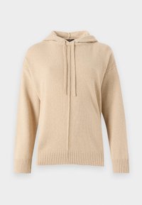 Pull beige en maille avec capuche, manches longues, cordons de serrage, et bordures côtelées aux poignets et à l'ourlet, présenté sur un fond clair.