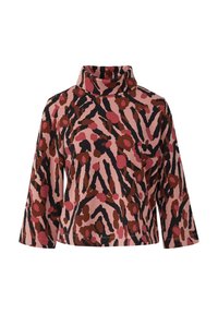 Langärmliger Rollkragenpullover in Pink mit abstrakten braunen und schwarzen Mustern. Weiches Material, lockere Passform, mit weiten Ärmeln und einem hohen Kragen.