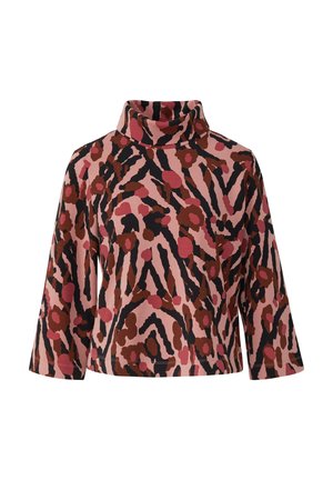 Rood met lange mouwen turtleneck in roze met abstracte bruine en zwarte patronen. Zacht materiaal, relaxte pasvorm, met brede mouwen en een hoge hals.