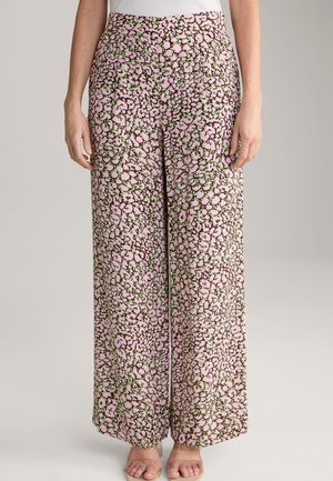 Wide-leg trousers made of lightweight fabric, featuring a pink floral pattern with green accents on a brown background. Smooth texture.