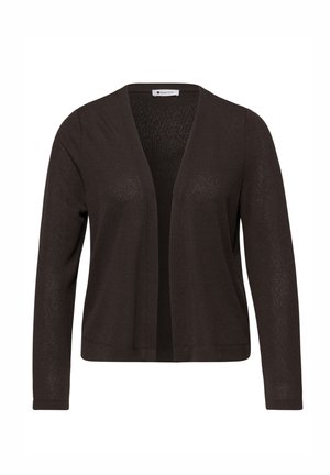 Cardigan marron foncé à manches longues et ouverture devant, en tissu tricot léger avec un léger éclat, étiquette "Street One" à l'intérieur du col.
