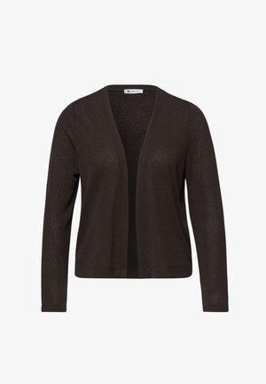 Dunkelbraune, offene, Langarm-Strickjacke aus leichtem Strickstoff mit dezentem Glanz, mit dem Etikett "Street One" innen am Kragen.