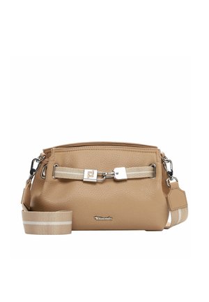 Tan textured leather crossbody bag with beige striped adjustable strap and silver clasp buckle detail on front.