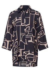 Camicia a bottone nera e crema con motivo, colletto, maniche a tre quarti e forme astratte di dimensioni e spessore delle linee variabili.