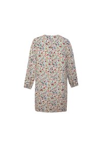 Vestito tunica con motivo floreale, maniche lunghe, con sfondo bianco, fiori rossi, blu e gialli, e scollatura rotonda.