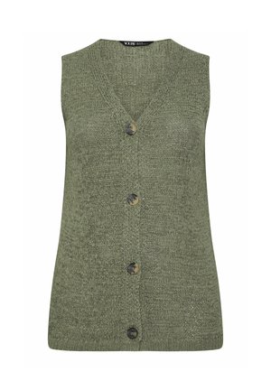 Ärmellose olivgrüne Strickweste mit V-Ausschnitt und vier großen Schildpattknöpfen vorne.