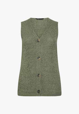Mouwloos olijfgroen gebreid vest met V-hals en vier grote schildpadknopen aan de voorkant.