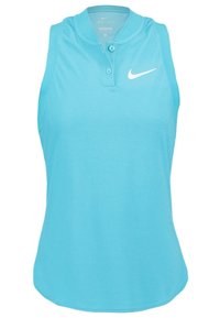 Top atletico senza maniche di colore turchese con colletto, dotato di una patta con due bottoni e logo Nike bianco sul lato sinistro del petto. Materiale Dri-FIT.
