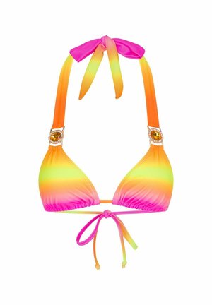 Bikini triangle en dégradé d'orange, de rose et de jaune. Présente un lien au cou, une sangle réglable à l'arrière et des accessoires en gemmes. Texture lisse.