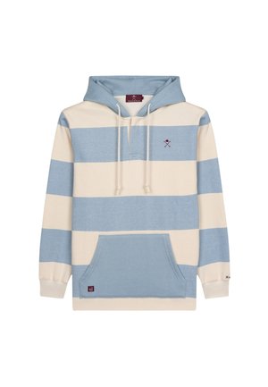 Hoodie rayé en bleu et crème, avec une poche avant, un capuchon à cordon de serrage et un petit détail graphique sur la poitrine. Tissu doux et texturé.