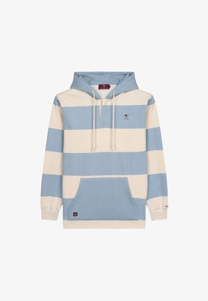 Gestreepte hoodie in blauw en roomkleur, met een voorzak, trekkoordkap en een klein grafisch detail op de borst. Zachte, gestructureerde stof.