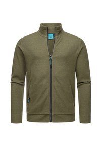 Giacca olive verde con zip in tessuto texturizzato, caratterizzata da un alto colletto, zip nera e tasche anteriori con una piccola etichetta del marchio.