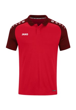 Rode poloshirt met een effen lichaam en zwart met patroon mouwen. Voorzien van een kraag, een drie knoopsluiting en het JAKO-logo op de voorkant.