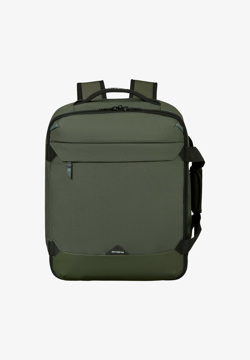 Grön Samsonite fyrkantig ryggsäck med vadderade remmar, framficka med dragkedja och sidhandtag mot vit bakgrund.