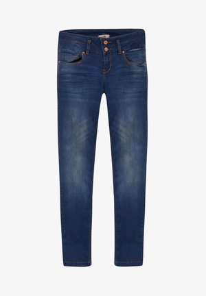 Σκούρα μπλε τζιν παντελόνια με slim fit, πέντε τσέπες και κλείσιμο με μπρούντζινα κουμπιά. Διαθέτουν ελαφρύ φθαρμένο σχέδιο και αντίθετη ραφή.