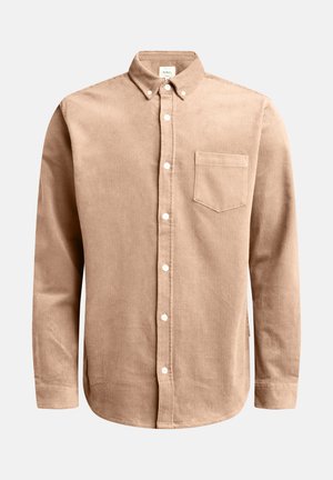 Camicia in corduroy marrone chiaro con colletto button-down, maniche lunghe, tasca frontale e bottoni bianchi. Tessuto testurizzato con righe verticali.