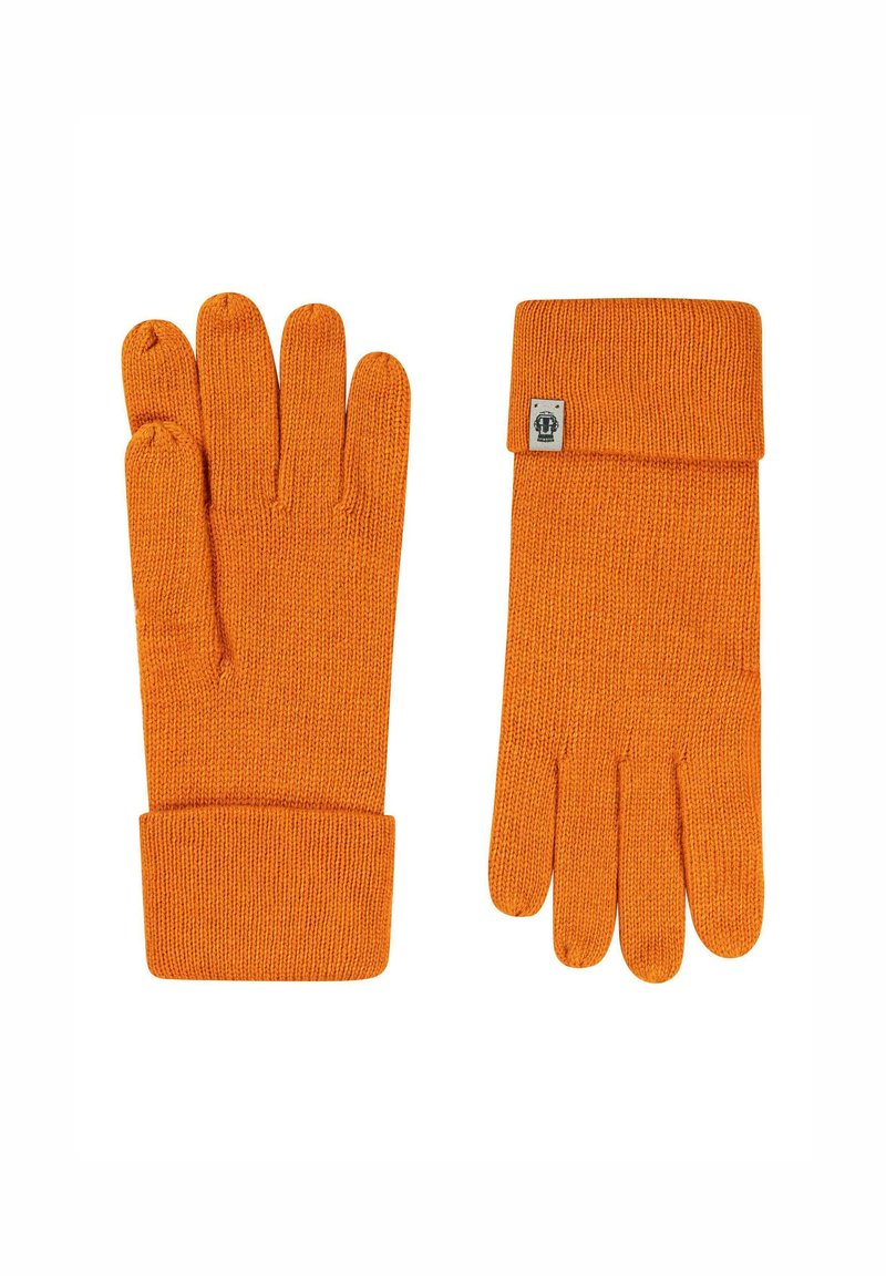 Orange gestrickte Handschuhe mit geripptem Bündchen und fünf Fingerdesign. Ein kleines Logoetikett ist im Bereich des Bündchens sichtbar. Weiche Textur.
