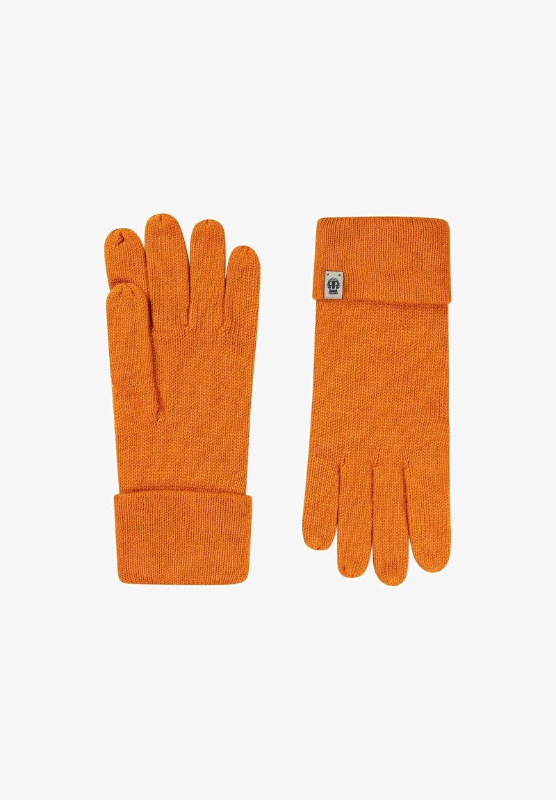 Orange gestrickte Handschuhe mit geripptem Bündchen und fünf Fingerdesign. Ein kleines Logoetikett ist im Bereich des Bündchens sichtbar. Weiche Textur.