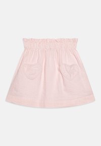 Růžová a bílá pruhovaná sukně s elastickým nařaseným pasem a dvěma kapsami ve tvaru srdce.