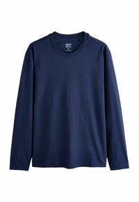 Tricou cu mâneci lungi, de culoare bleumarin, fabricat din bumbac. Are un guler rotund și o croială normală, cu o textură netedă și moale.