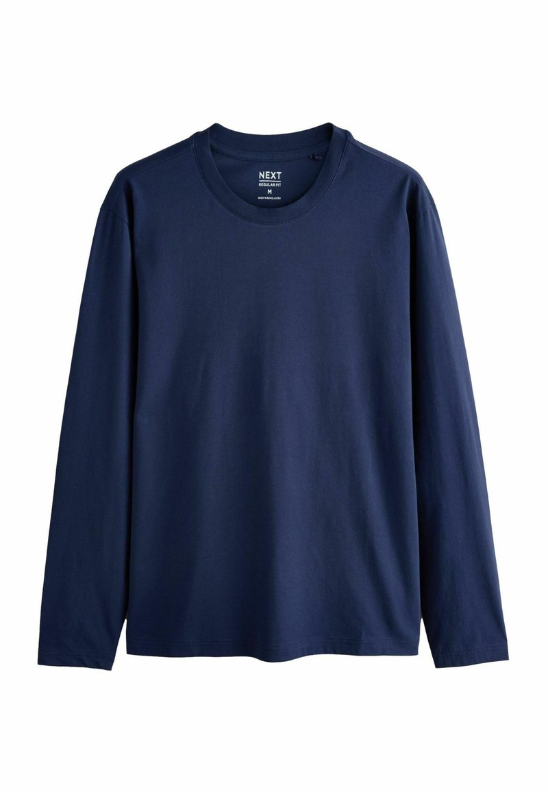 Tricou cu mâneci lungi, de culoare bleumarin, fabricat din bumbac. Are un guler rotund și o croială normală, cu o textură netedă și moale.