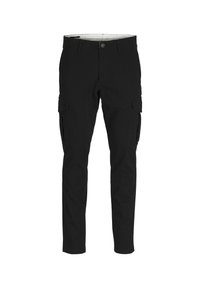 Pantalones cargo negros con corte ajustado, que cuentan con bolsillos laterales, cierre de botón y una suave tela de mezcla de algodón.